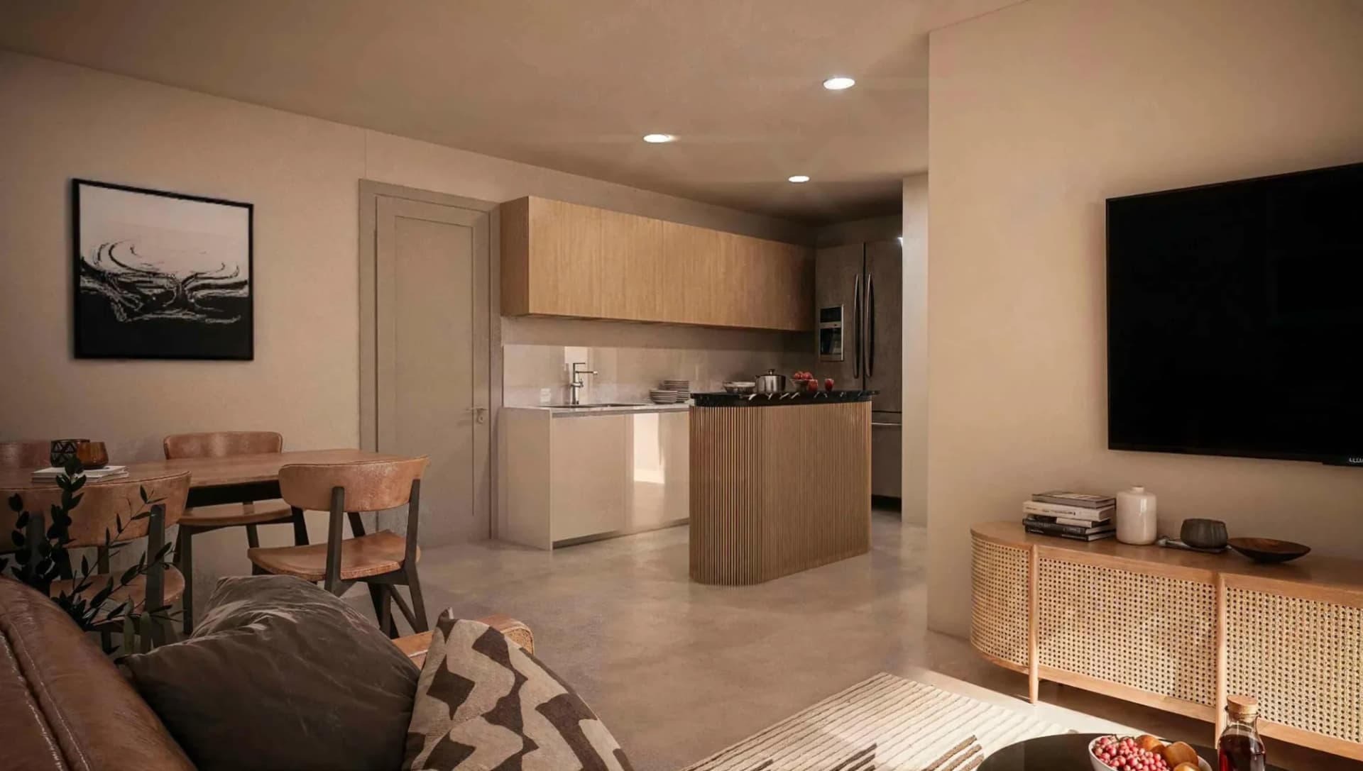 Living comedor de un departamento de Tierra Nueva (render)