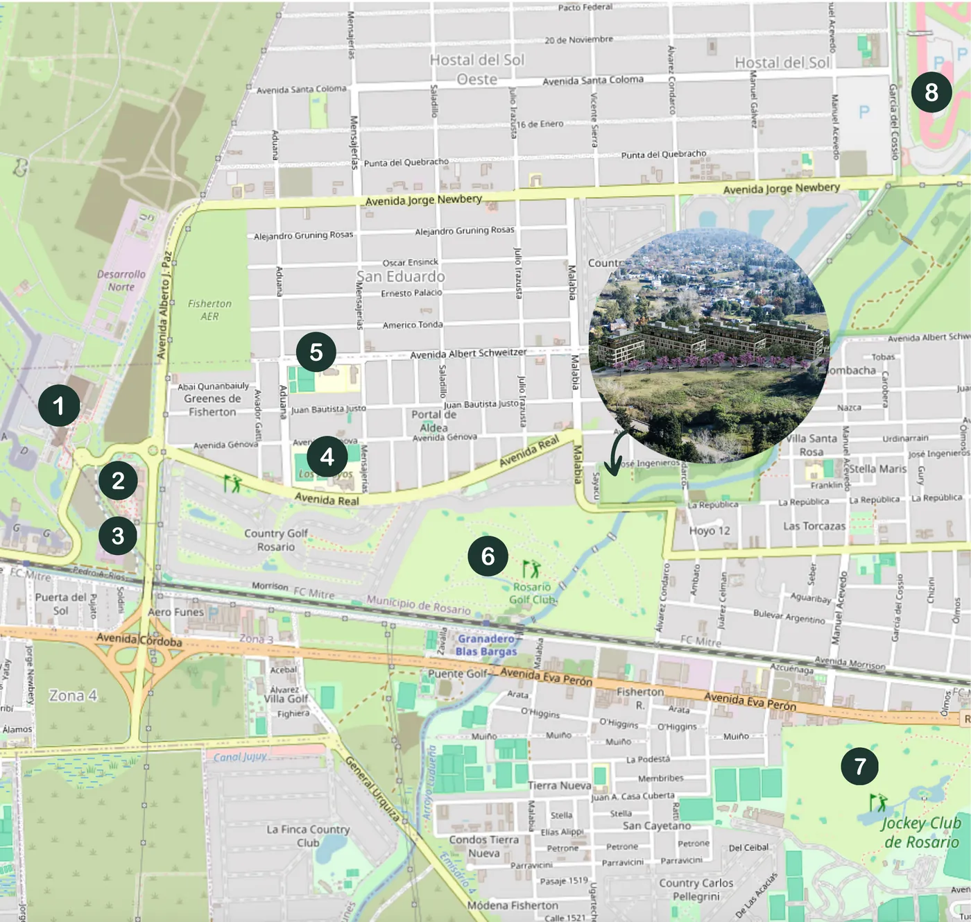Mapa de Fisherton con Dock Garden y los 8 lugares de referencia numerados